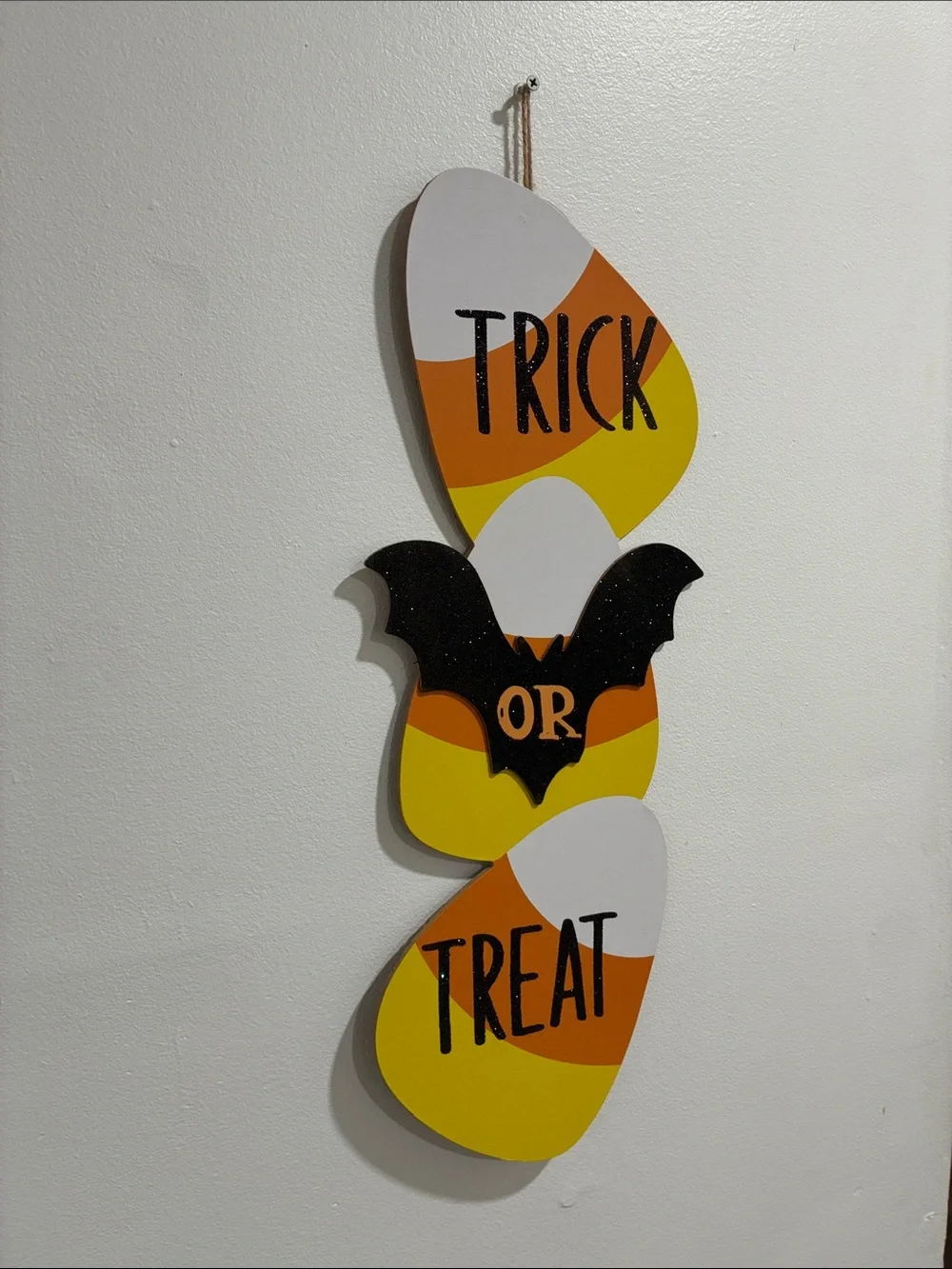 NWT 25”-Trick or Treat- Candy Corn & Bat- Glittered Wooden Halloween Decor Sign